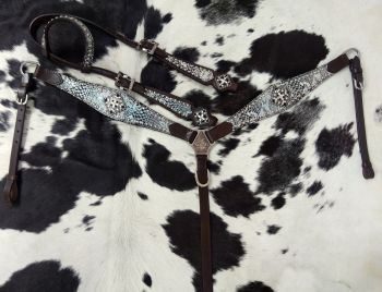 Showman Snakeskin inlay one ear headstall and breast collar set with silver beading #2